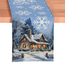 Gracefully Artful Winter Cabin 72" Table Runner, Merry Christmas Blue Rectangle Tablecloth with Snowflakes