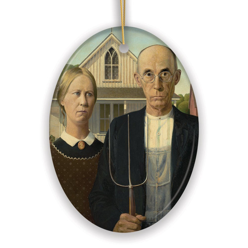 Grant Wood American Gothic Art Ceramic Ornament, Famous Painting Christmas Decoration Souvenir
