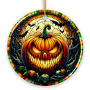 Grim Grinning Gourd Pumpkin Decor Stained Glass Style Ceramic Ornament, Halloween Themed Christmas Gift