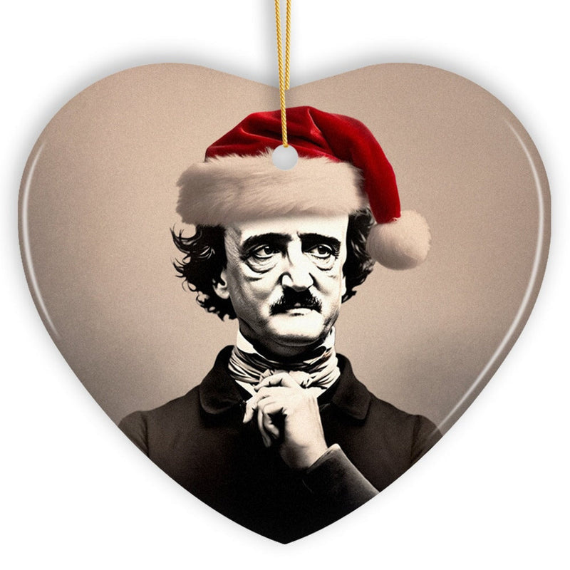 Melancholic Poet Edgar Allan Poe with Santa Hat Ornament, Eerie Christmas Gift for Literature Lovers
