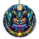 Nocturnal Enchanter Mysterious Owl Stained Glass Style Ceramic Ornament, Halloween Themed Christmas Gift and Decor