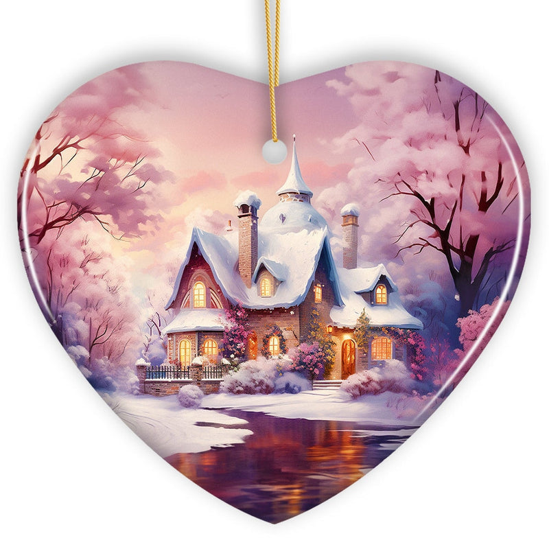 Picturesque Snowy Evening House Illustration Christmas Ornament, Peaceful Holiday Home Decoration