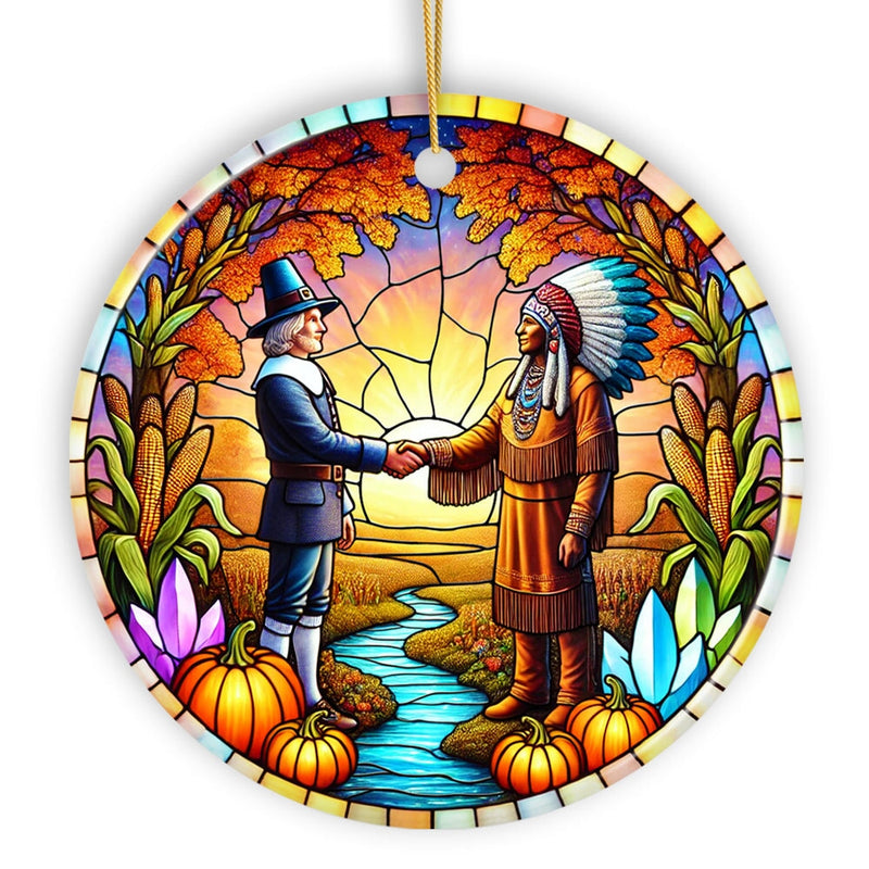 Pilgrim and Native American Chief Harmonious Unity Ornament, Vibrant Harvest Celebration Keepsake