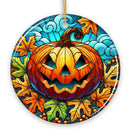 Pumpkin Spice and Crispy Leaves Stained Glass Style Ceramic Ornament, Halloween Themed Christmas Gift and Decor