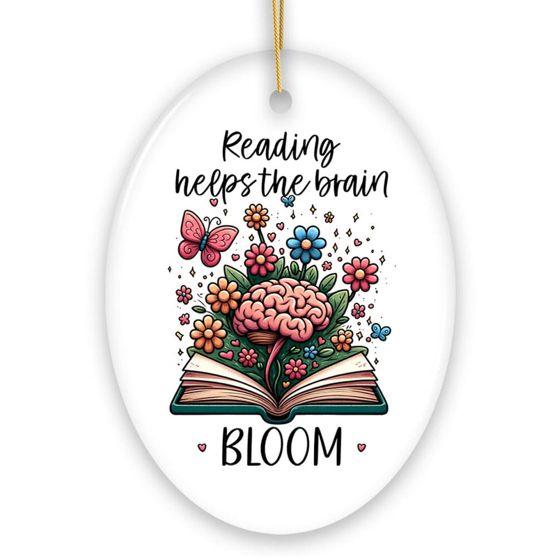 Reading Helps the Brain Bloom Unique Handcrafted Ornament, Booklover Gift with Flowers and Butterflies Art