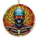 Red-Eyed Skeleton for Halloween Frights Stained Glass Style Ceramic Ornament, Halloween Themed Christmas Gift
