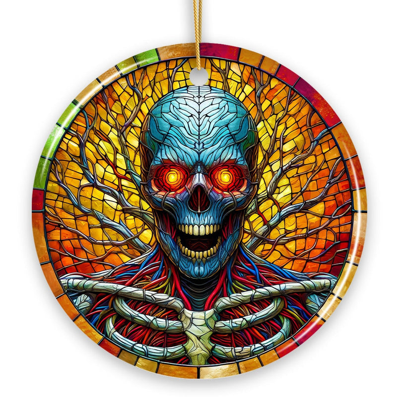 Red-Eyed Skeleton for Halloween Frights Stained Glass Style Ceramic Ornament, Halloween Themed Christmas Gift
