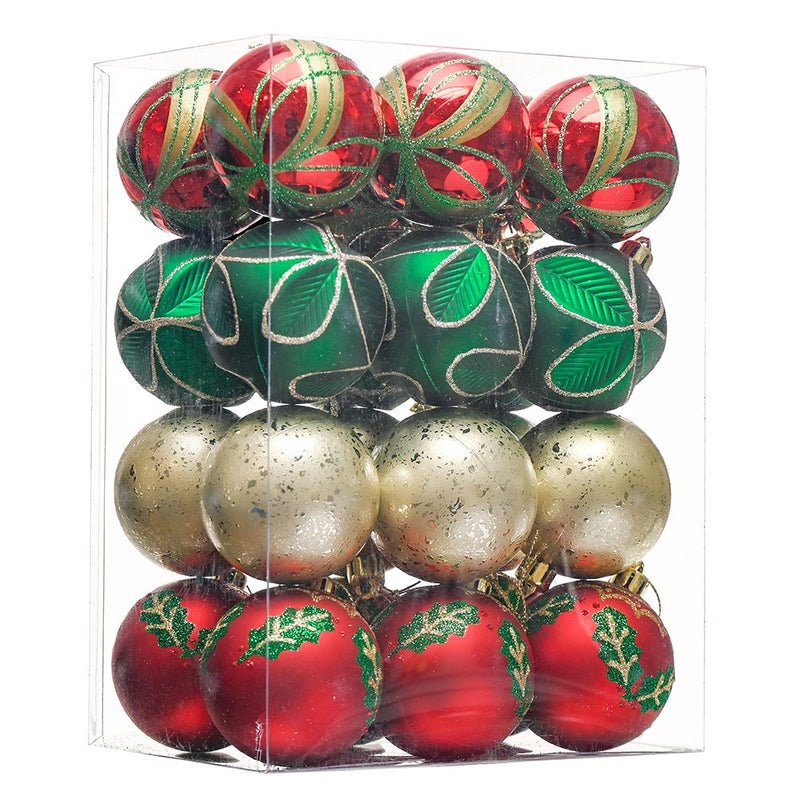 Refined Ornament Bauble Set, 24 Piece Red, Gold, and Green Glitter Christmas Bundle