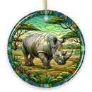 Rhinoceros Realm Expedition Stained Glass Style Ceramic Ornament, African Animals Christmas Gift and Decor