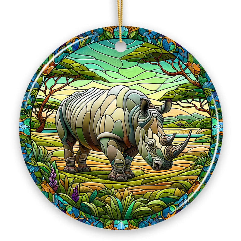 Rhinoceros Realm Expedition Stained Glass Style Ceramic Ornament, African Animals Christmas Gift and Decor