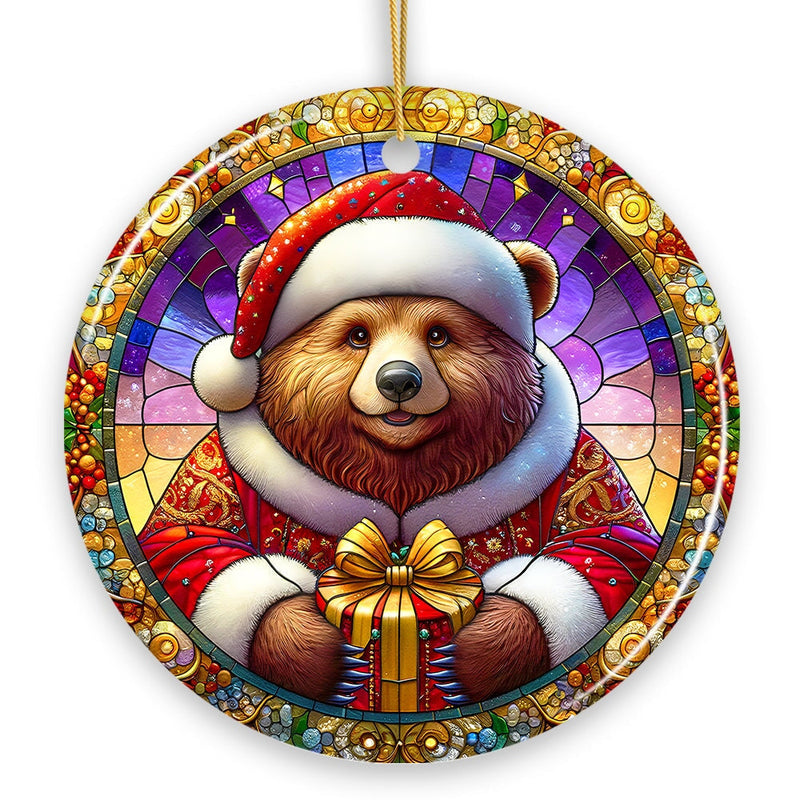 Santa Bear Stained Glass Style Ceramic Ornament, Christmas Gift and Decor