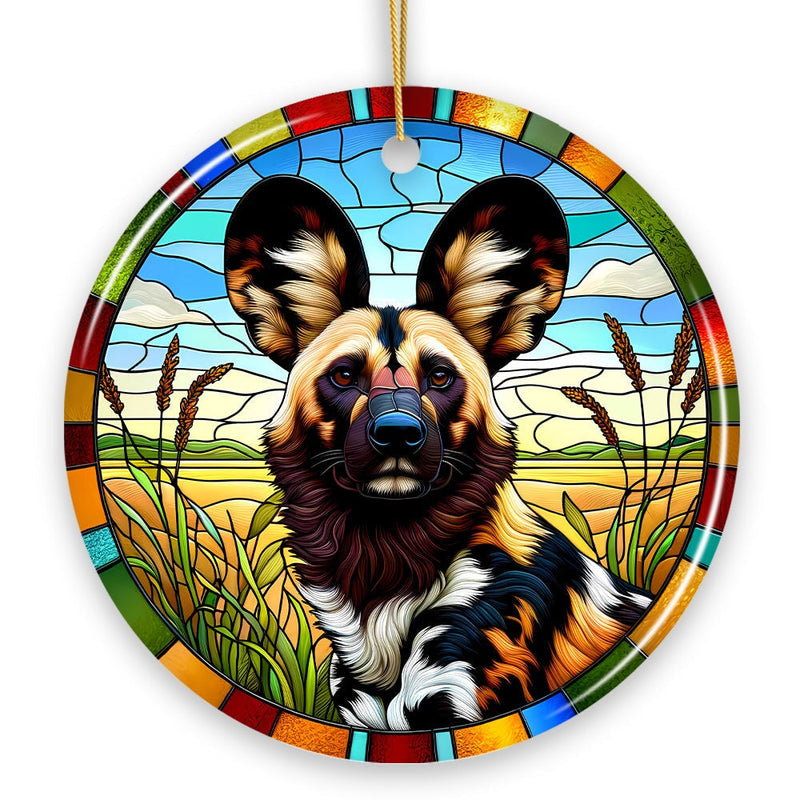Savannah's Wild Dog Stained Glass Style Ceramic Ornament, Safari Animals Christmas Gift and Decor