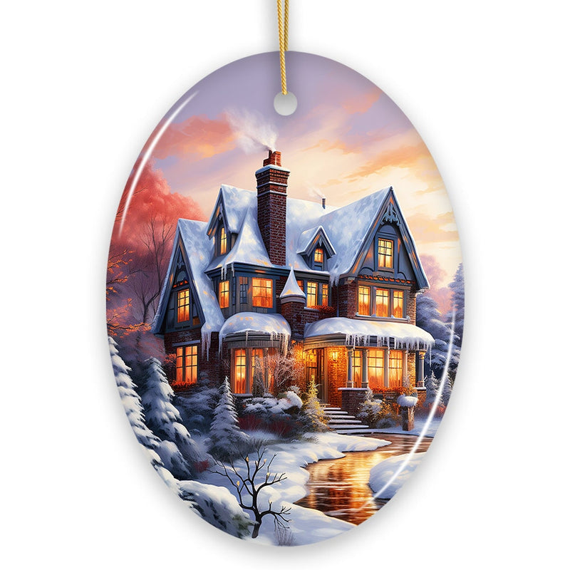Serene Snowy House Painting Christmas Ornament, Tranquil Winter Wonderland Decoration Keepsake