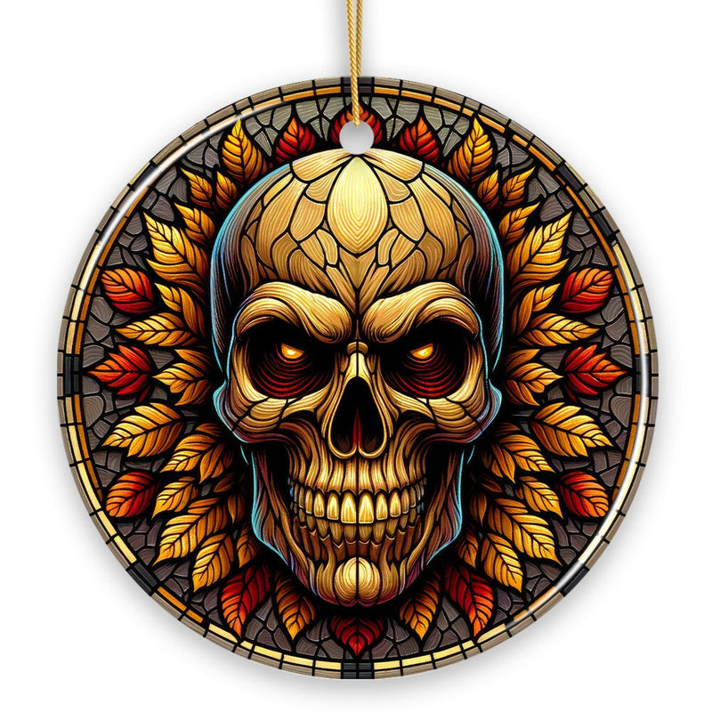 Spine-Chilling Haunting Skull Stained Glass Style Ceramic Ornament, Halloween Themed Christmas Gift and Decor