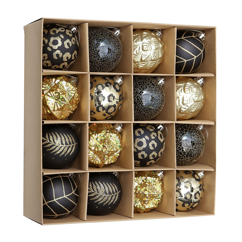 Vogue Black and Gold Ornament Set, Stylish Tree Set of 16 Glittery Baubles