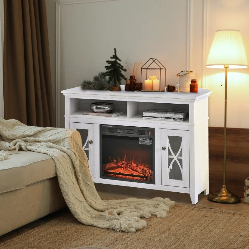 Rustic White Electric Fireplace Mantel TV Stand w/ Adjustable Shelves 2 Storage Cabinets, photo 2 of 5