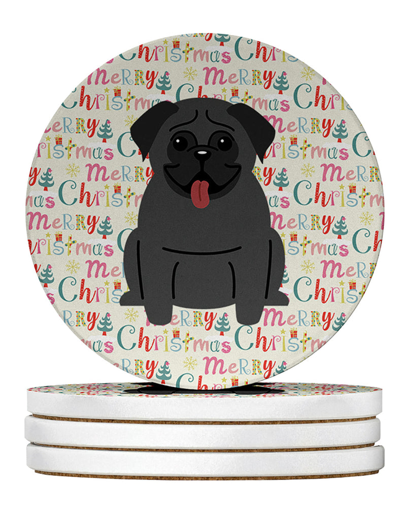 Merry Christmas Pug Black Large Sandstone Coasters Pack of 4