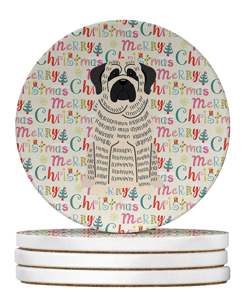 Merry Christmas Mastiff Brindle White Large Sandstone Coasters Pack of 4