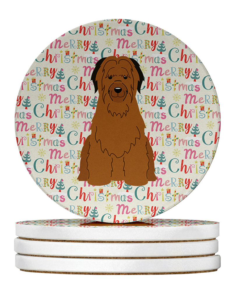 Merry Christmas Briard Brown Large Sandstone Coasters Pack of 4