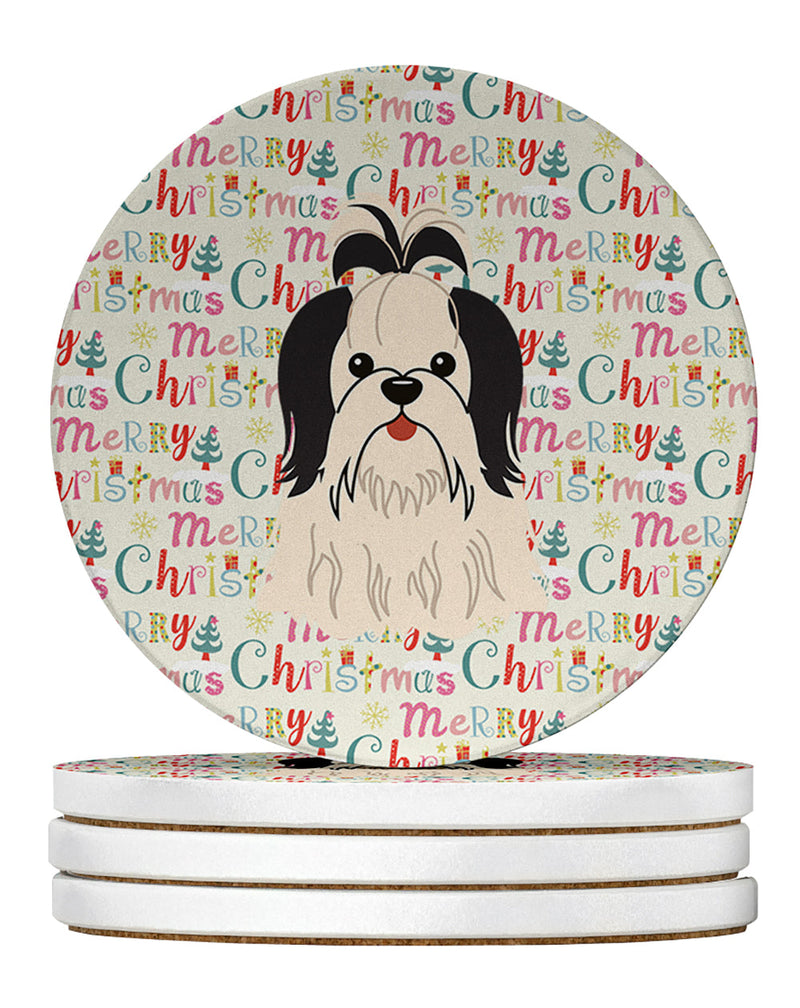 Merry Christmas Shih Tzu Black White Large Sandstone Coasters Pack of 4