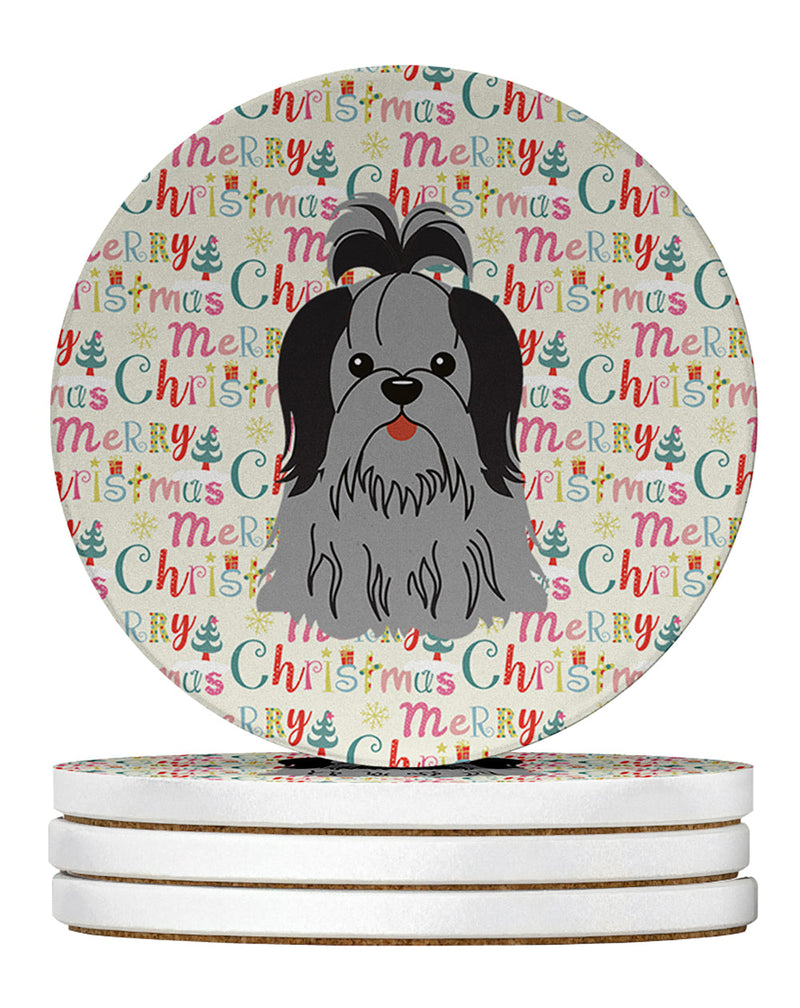 Merry Christmas Shih Tzu Black Silver Large Sandstone Coasters Pack of 4