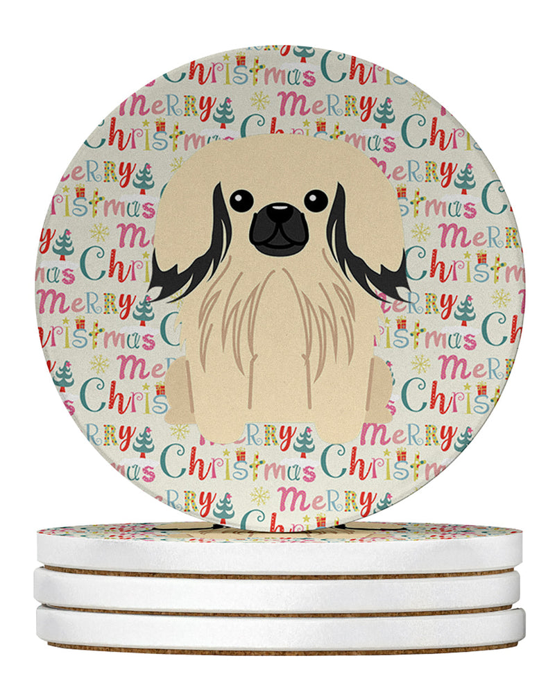 Merry Christmas Pekingese Cream Large Sandstone Coasters Pack of 4