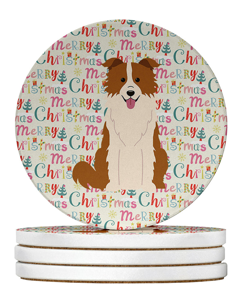 Merry Christmas Border Collie Red White Large Sandstone Coasters Pack of 4