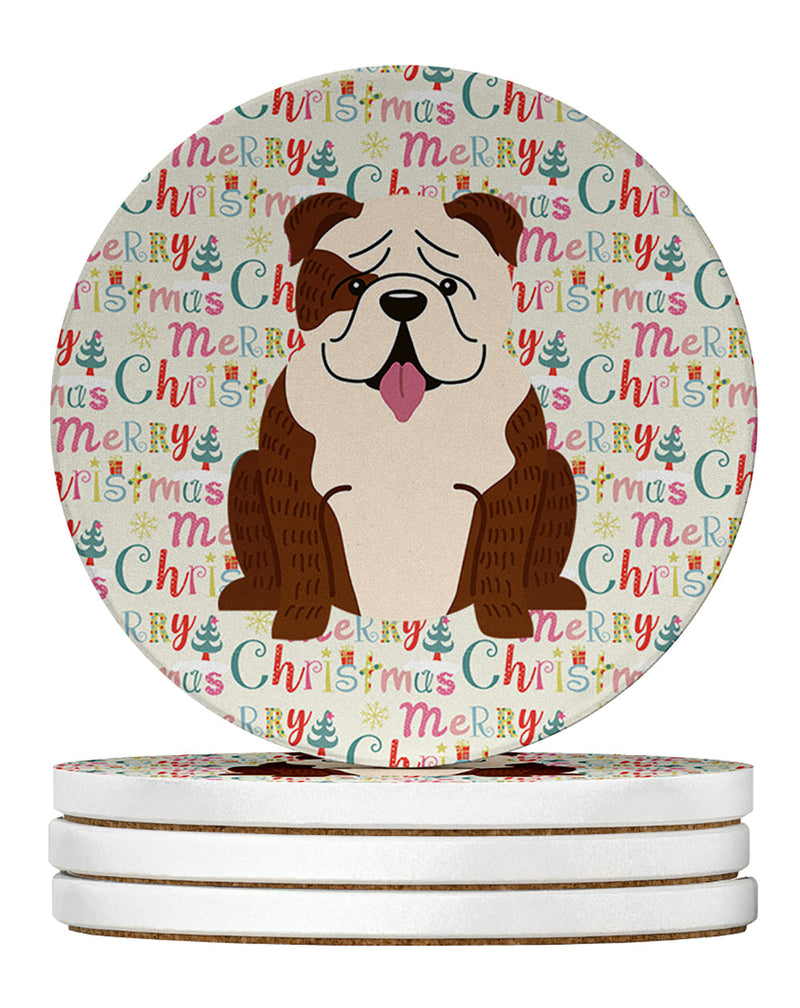 Merry Christmas English Bulldog Brindle White Large Sandstone Coasters Pack of 4