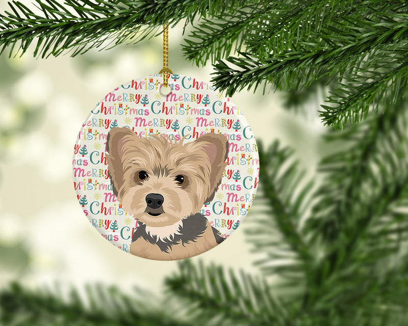 Yorkie Blue and Tan Puppy Christmas Ceramic Ornament