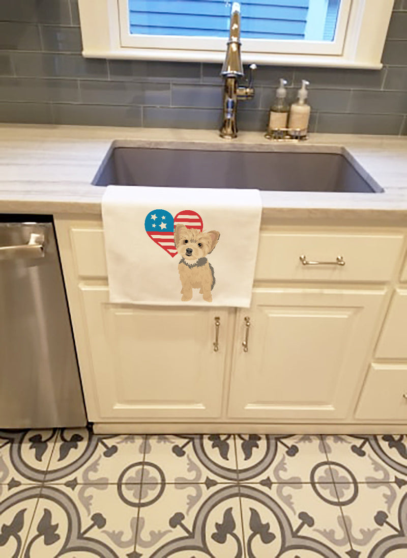 Yorkie Blue and Tan Puppy Patriotic White Kitchen Towel Set of 2