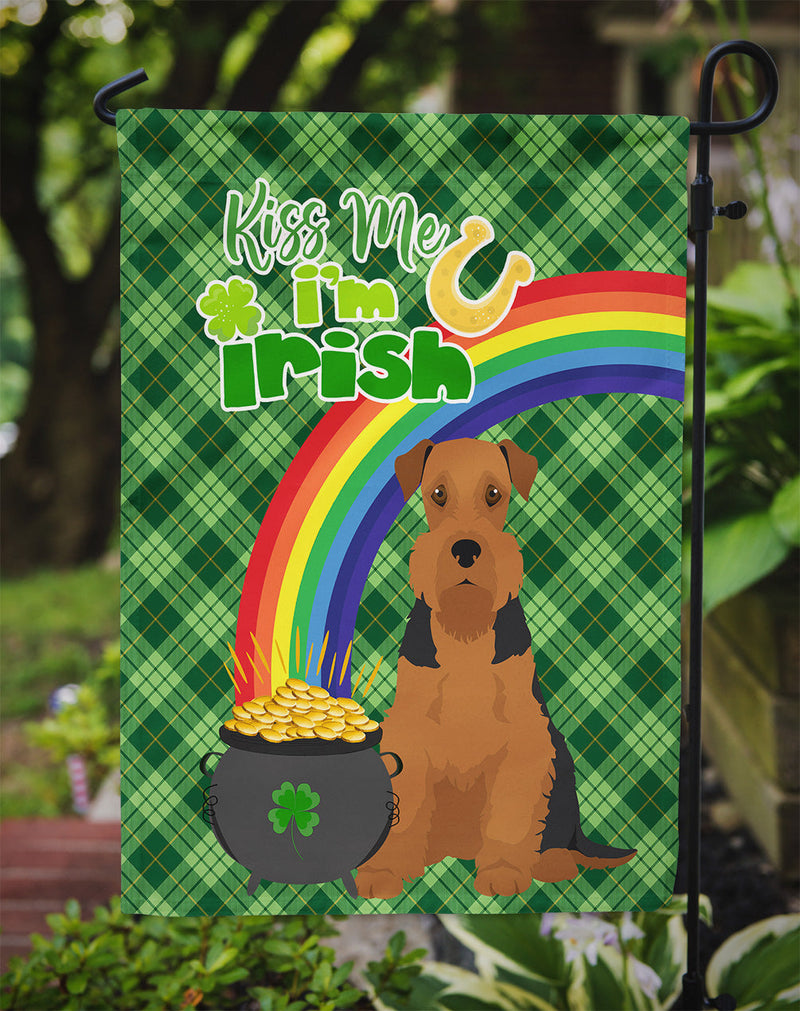 Black and Tan Airedale Terrier St. Patrick's Garden Flag – "Kiss Me I’m Irish" with Pot of Gold & Rainbow
