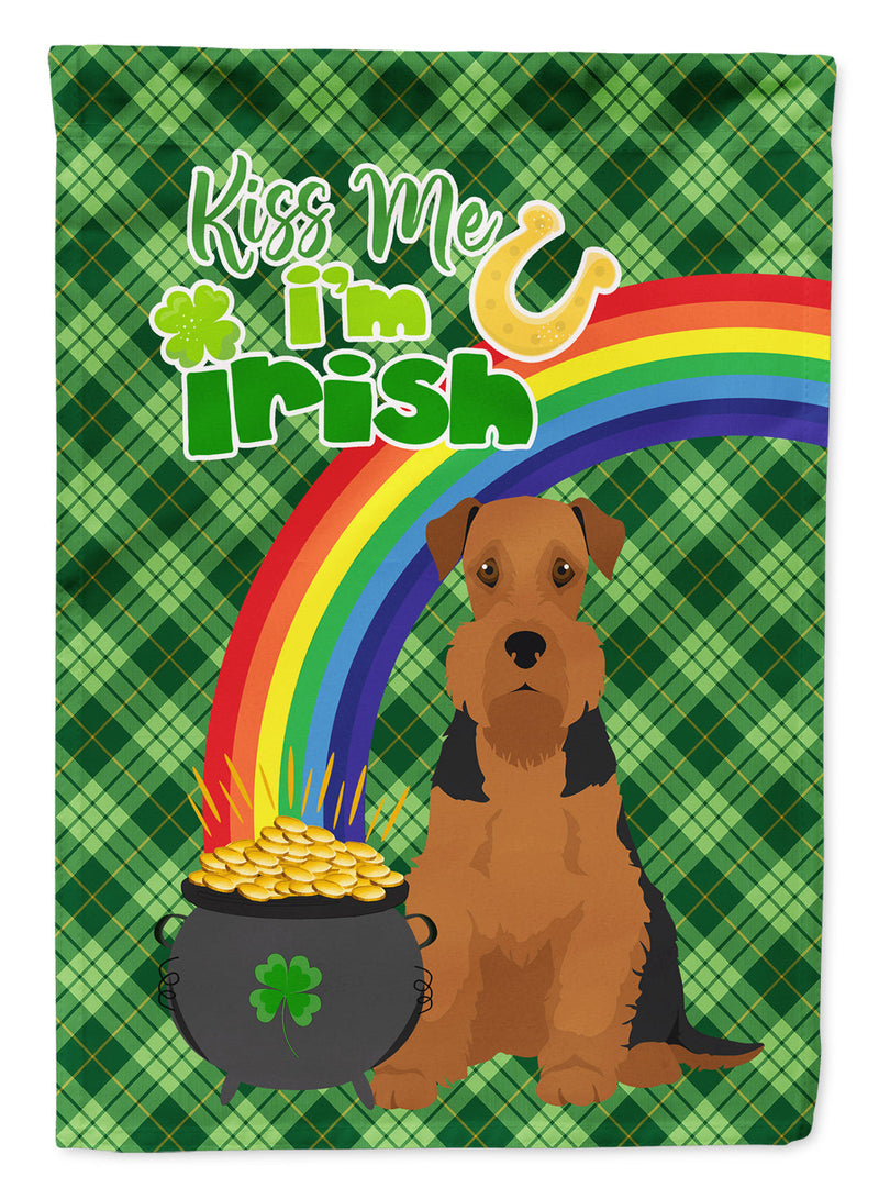 Black and Tan Airedale Terrier St. Patrick's Garden Flag – "Kiss Me I’m Irish" with Pot of Gold & Rainbow