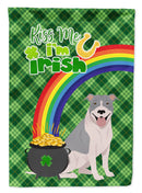 Blue and White Pit Bull Terrier St. Patrick's Garden Flag – "Kiss Me I’m Irish" with Pot of Gold & Rainbow