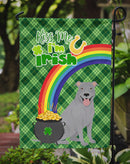 Blue Pit Bull Terrier St. Patrick's Garden Flag – "Kiss Me I’m Irish" with Pot of Gold & Rainbow