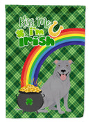 Blue Pit Bull Terrier St. Patrick's Garden Flag – "Kiss Me I’m Irish" with Pot of Gold & Rainbow