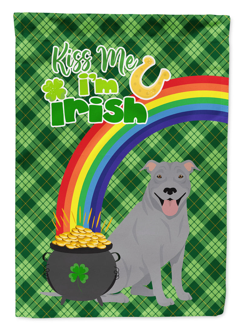 Blue Pit Bull Terrier St. Patrick's Garden Flag – "Kiss Me I’m Irish" with Pot of Gold & Rainbow