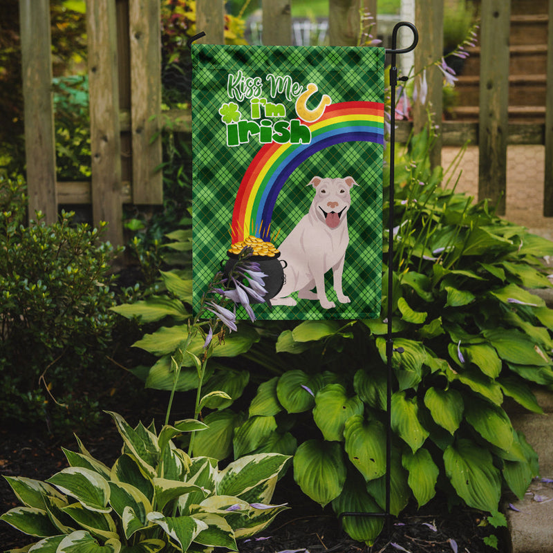 White Pit Bull Terrier St. Patrick's Garden Flag – "Kiss Me I’m Irish" with Pot of Gold & Rainbow