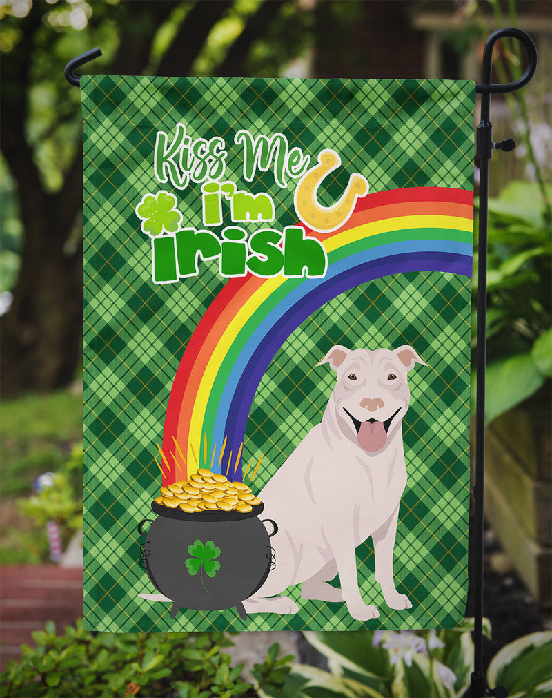 White Pit Bull Terrier St. Patrick's Garden Flag – "Kiss Me I’m Irish" with Pot of Gold & Rainbow