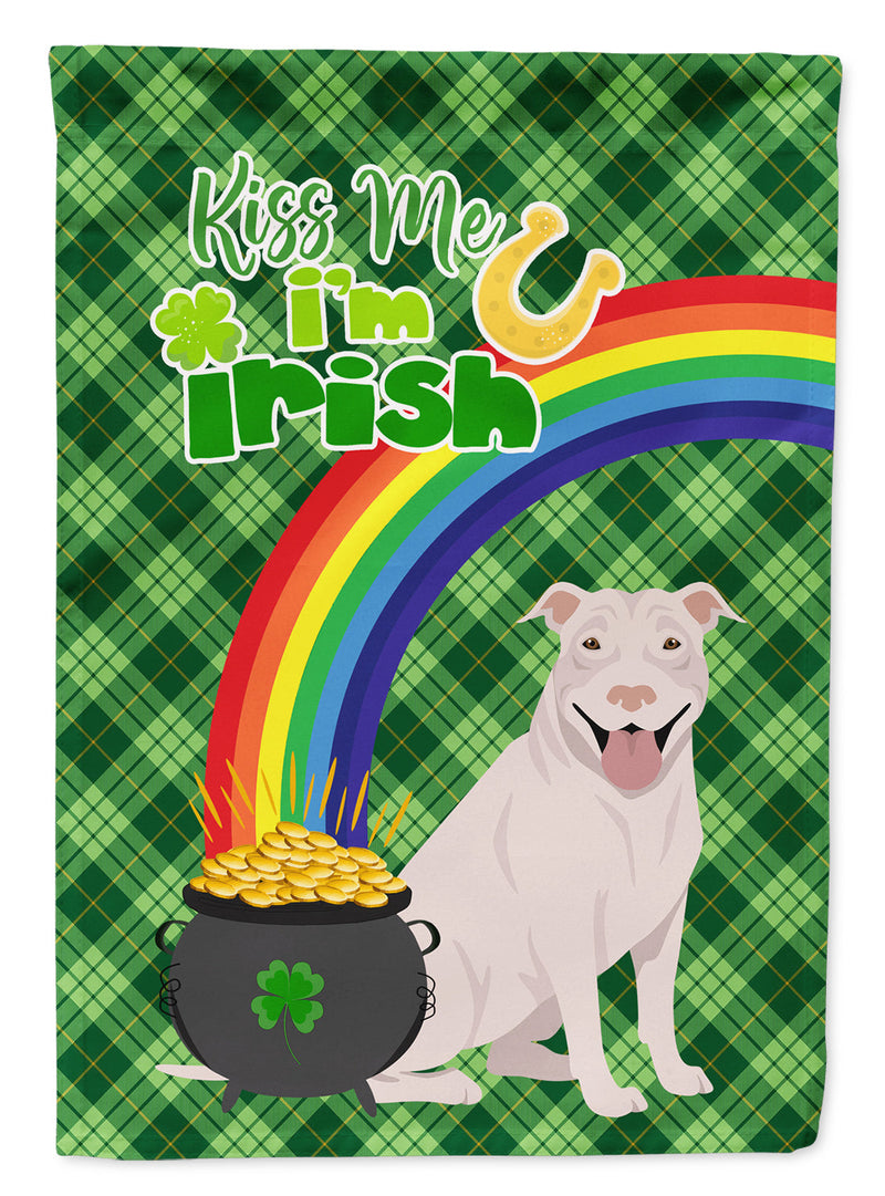 White Pit Bull Terrier St. Patrick's Garden Flag – "Kiss Me I’m Irish" with Pot of Gold & Rainbow