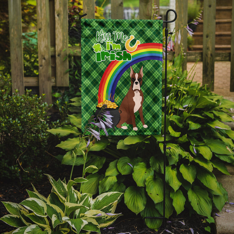 Red Fawn Boxer St. Patrick's Garden Flag – "Kiss Me I’m Irish" with Pot of Gold & Rainbow