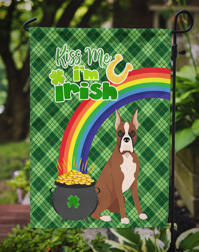 Red Fawn Boxer St. Patrick's Garden Flag – "Kiss Me I’m Irish" with Pot of Gold & Rainbow