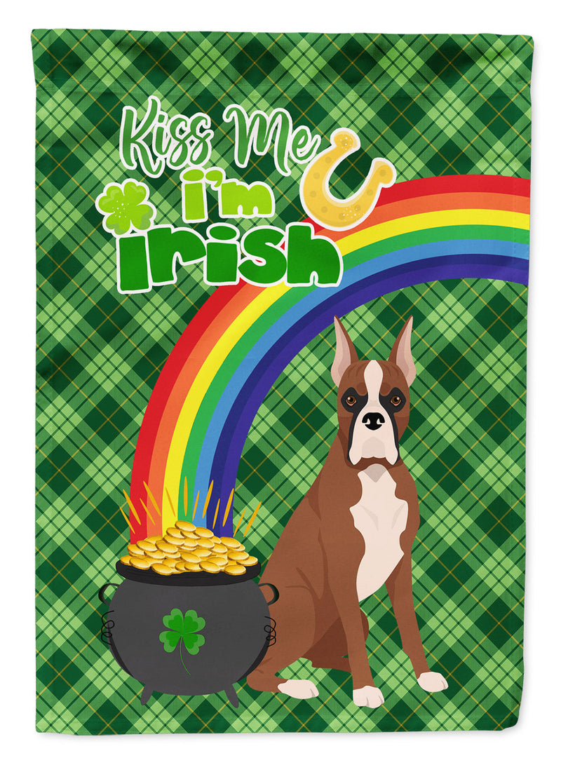 Red Fawn Boxer St. Patrick's Garden Flag – "Kiss Me I’m Irish" with Pot of Gold & Rainbow