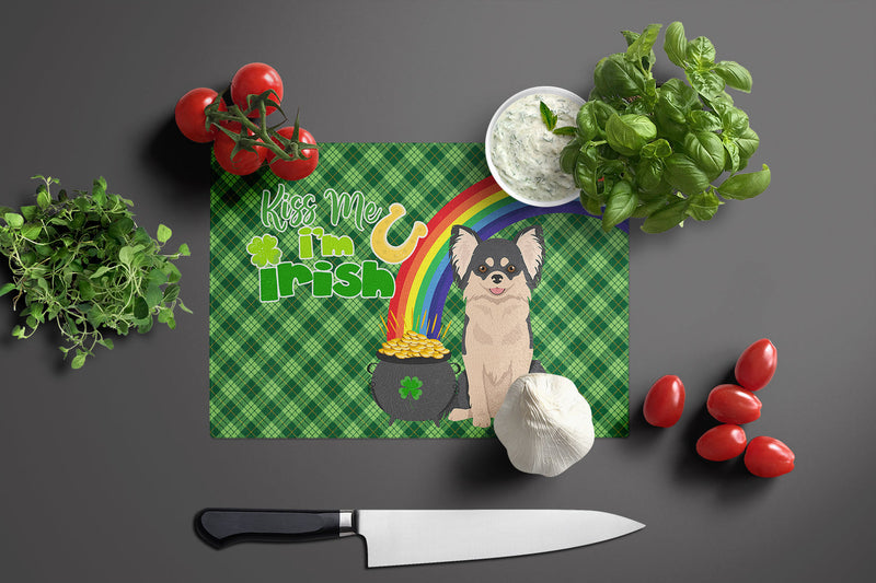 Longhaired Black and White Chihuahua St. Patrick's Day Glass Cutting Boards – Durable, Decorative Kitchen Art Large