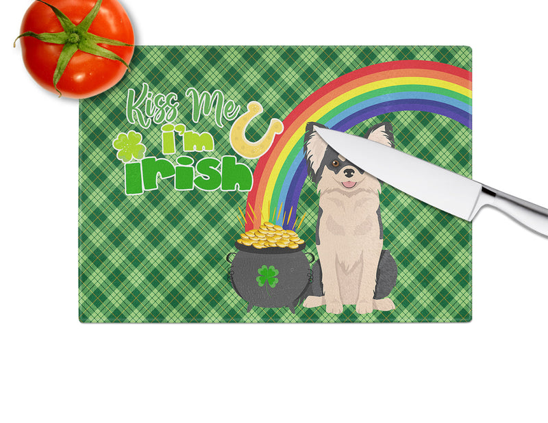 Longhaired Black and White Chihuahua St. Patrick's Day Glass Cutting Boards – Durable, Decorative Kitchen Art Large