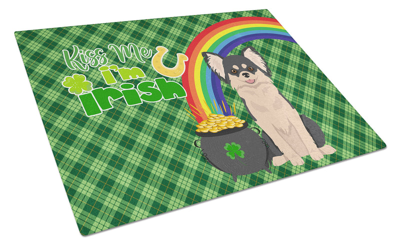 Longhaired Black and White Chihuahua St. Patrick's Day Glass Cutting Boards – Durable, Decorative Kitchen Art Large