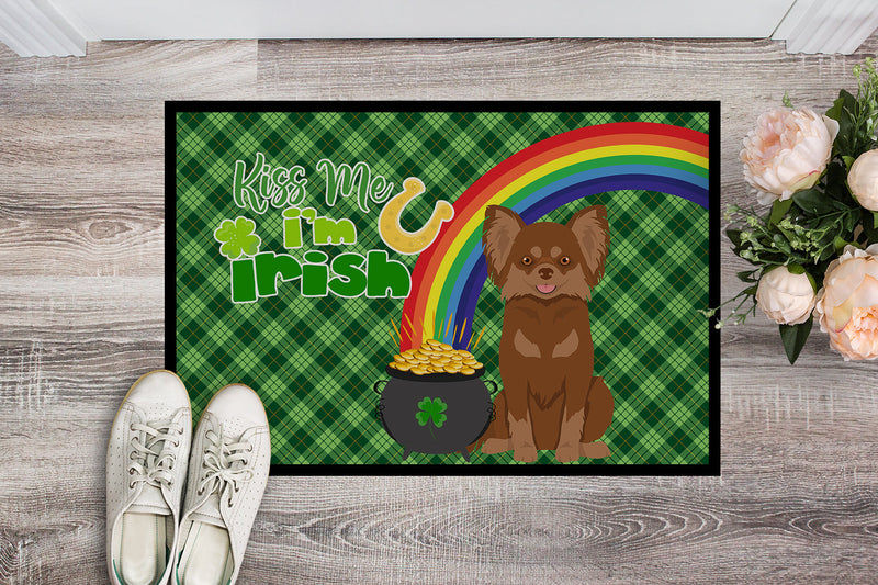 Longhaired Chocolate and Tan Chihuahua St. Patrick's Day Doormat - 24x36 Decorative Floor Mat – Indoor/Outdoor Rug with Artistic Flair