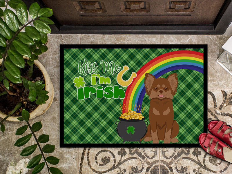 Longhaired Chocolate and Tan Chihuahua St. Patrick's Day Doormat - 24x36 Decorative Floor Mat – Indoor/Outdoor Rug with Artistic Flair