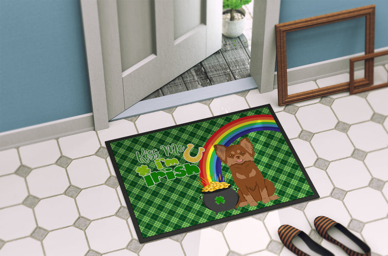 Longhaired Chocolate and Tan Chihuahua St. Patrick's Day Doormat - 24x36 Decorative Floor Mat – Indoor/Outdoor Rug with Artistic Flair