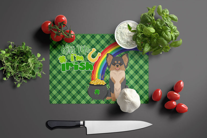 Longhaired Black and Tan Chihuahua St. Patrick's Day Glass Cutting Boards – Durable, Decorative Kitchen Art Large