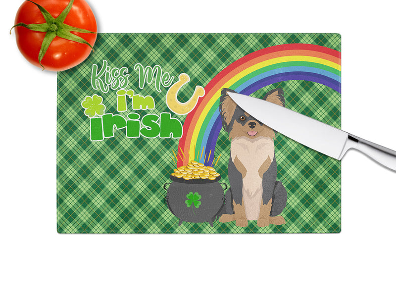 Longhaired Black and Tan Chihuahua St. Patrick's Day Glass Cutting Boards – Durable, Decorative Kitchen Art Large